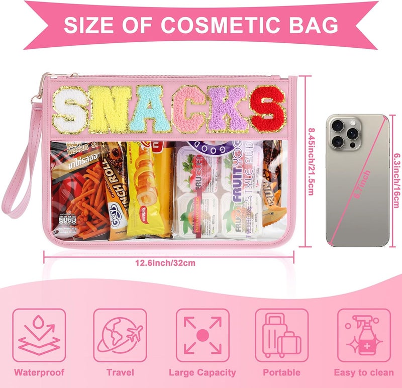 TESAFNG Snack Bag for Travel - Clear Chenille Varsity Letter Flat Pouch with Zipper, 12.2×8.46 inch Waterproof Clear Nylon Preppy Patch Makeup Cosmetic tote Bags for Women Girls - Image 2